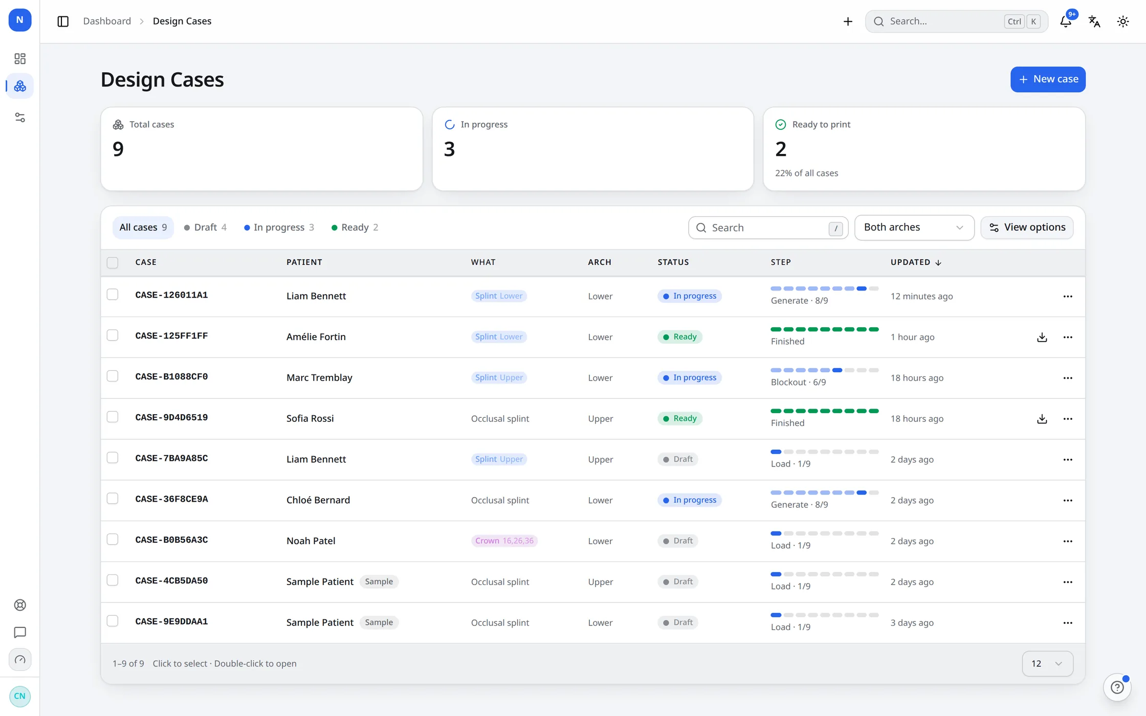 La liste des cas de NexorCAD : des patients avec produit, arcade, statut et un indicateur d'avancement à neuf points.